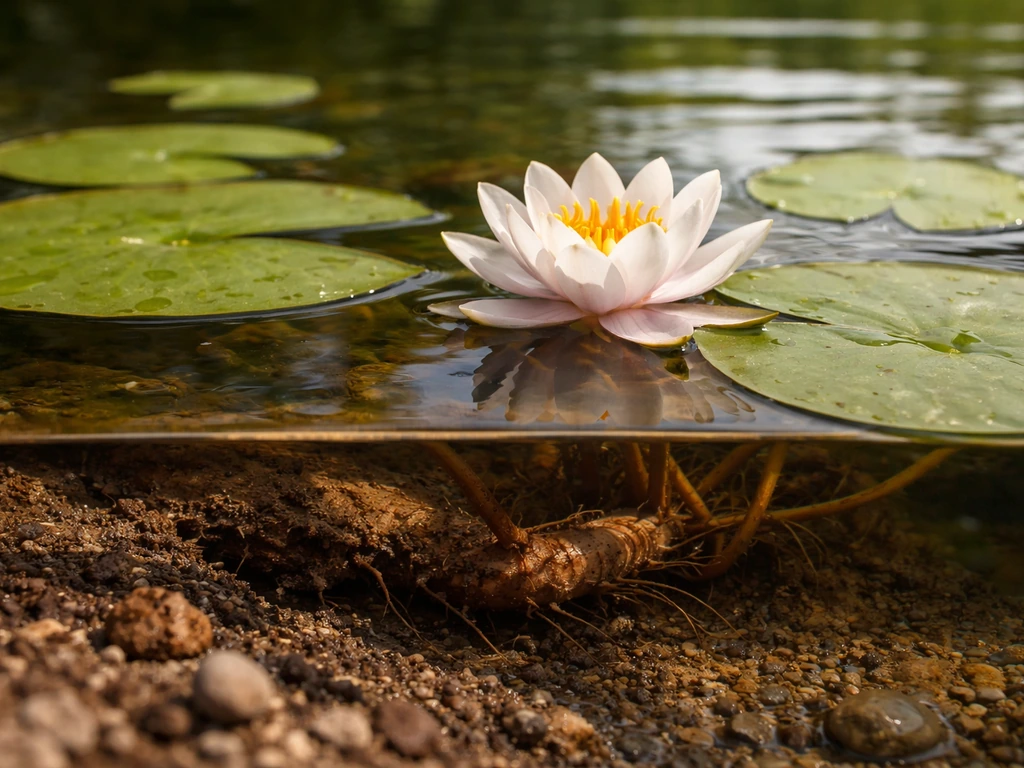 Water lily thriving in a pond, with leaves and a visible rhizome near the waterline.