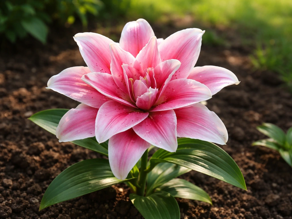 Vibrant rose-colored double rose lily blooming in a well-sited garden bed under natural sunlight.