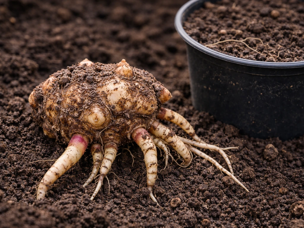 Close-up of a calla lily rhizome/tuber-like piece beside a planted pot with soil surface