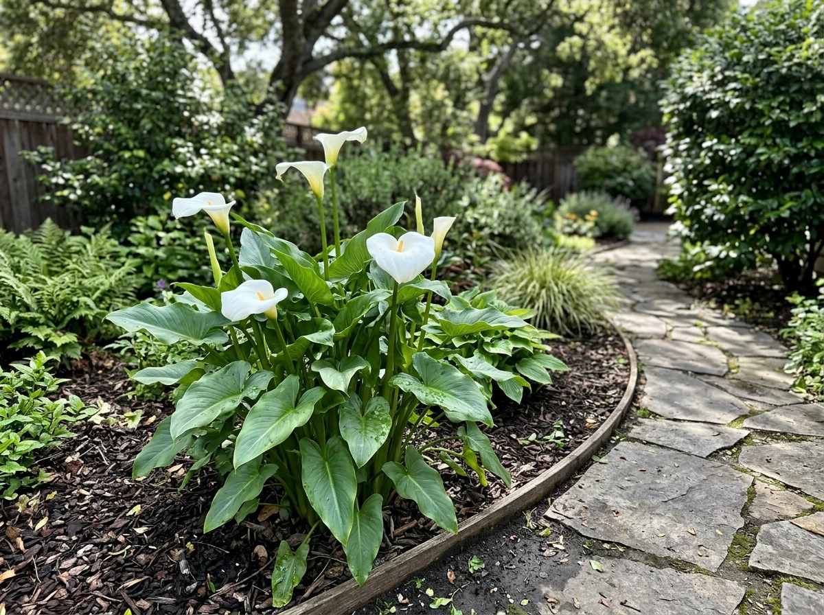 Calla lilies growing outdoors near a garden walkway in sun and partial shade