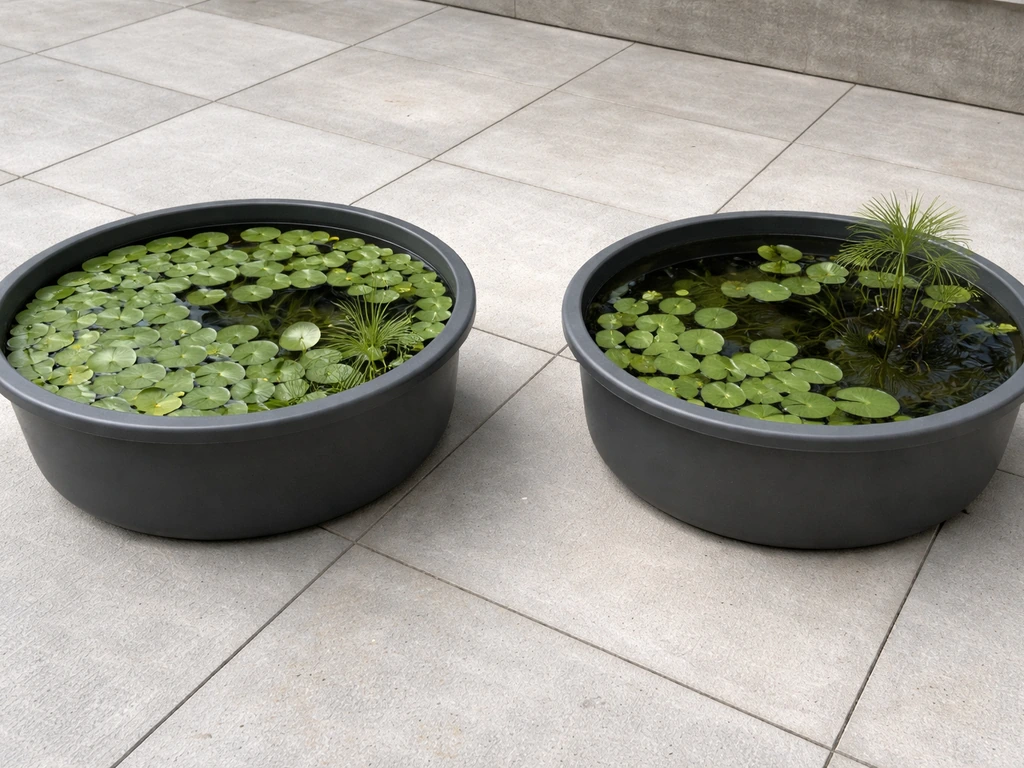 Two separate water-plant containers spaced apart, showing surface coverage boundaries to prevent overgrowth.