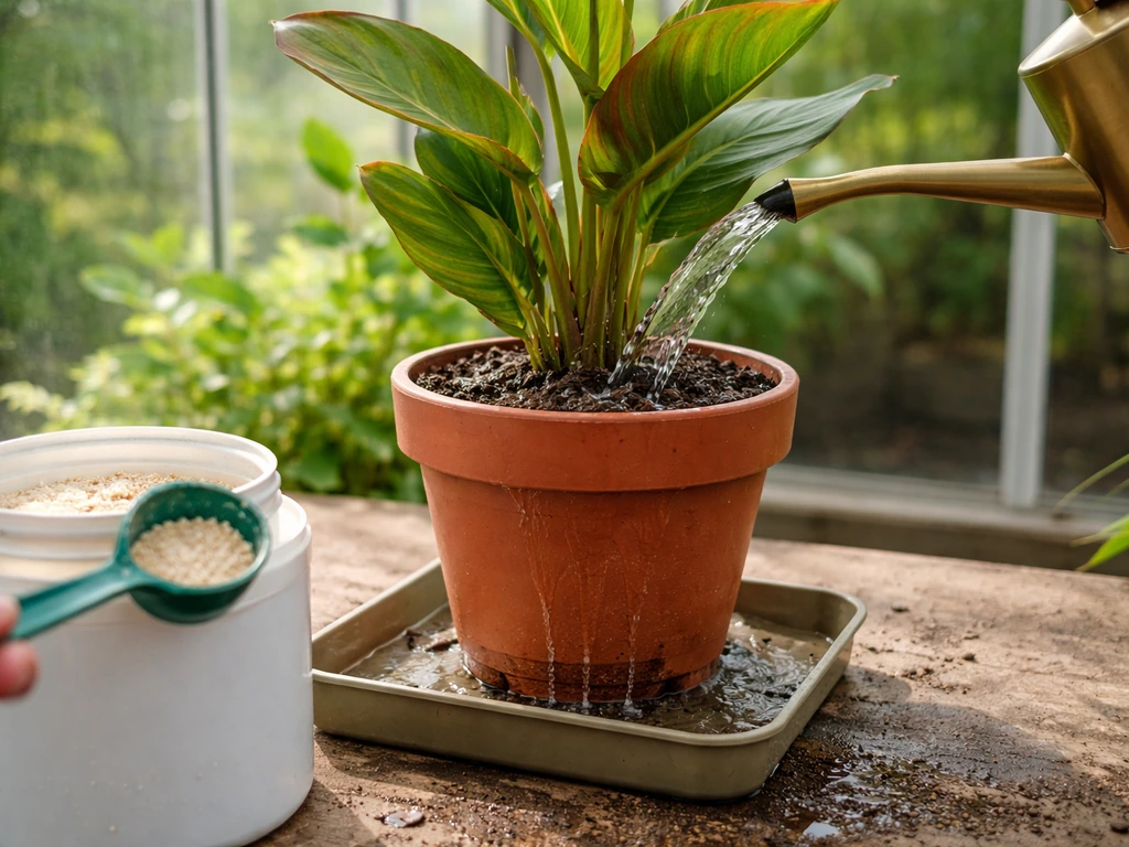 Potted canna being watered with a draining tray; fertilizer container and scoop nearby for feeding.