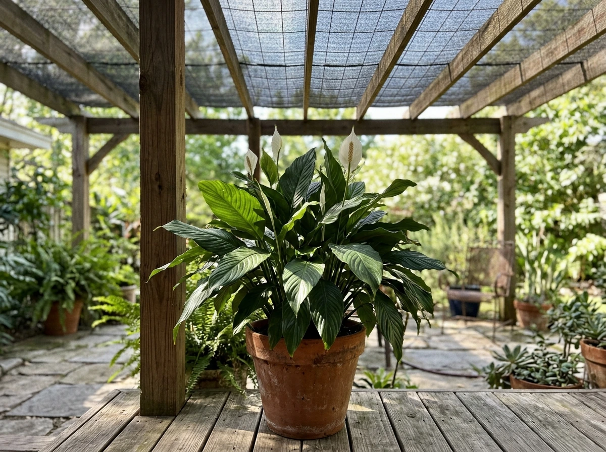 Peace lily placement under pergola with shade cloth showing light level control outdoors