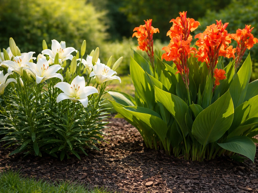 Sunny garden bed where white true lilies and orange-red canna lilies grow side by side.