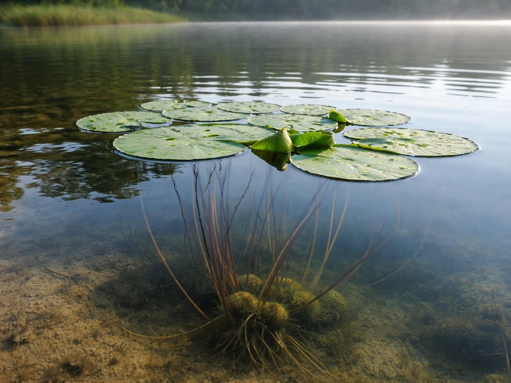 Lily pads on a calm pond with clear visible stems and the crown zone beneath the surface