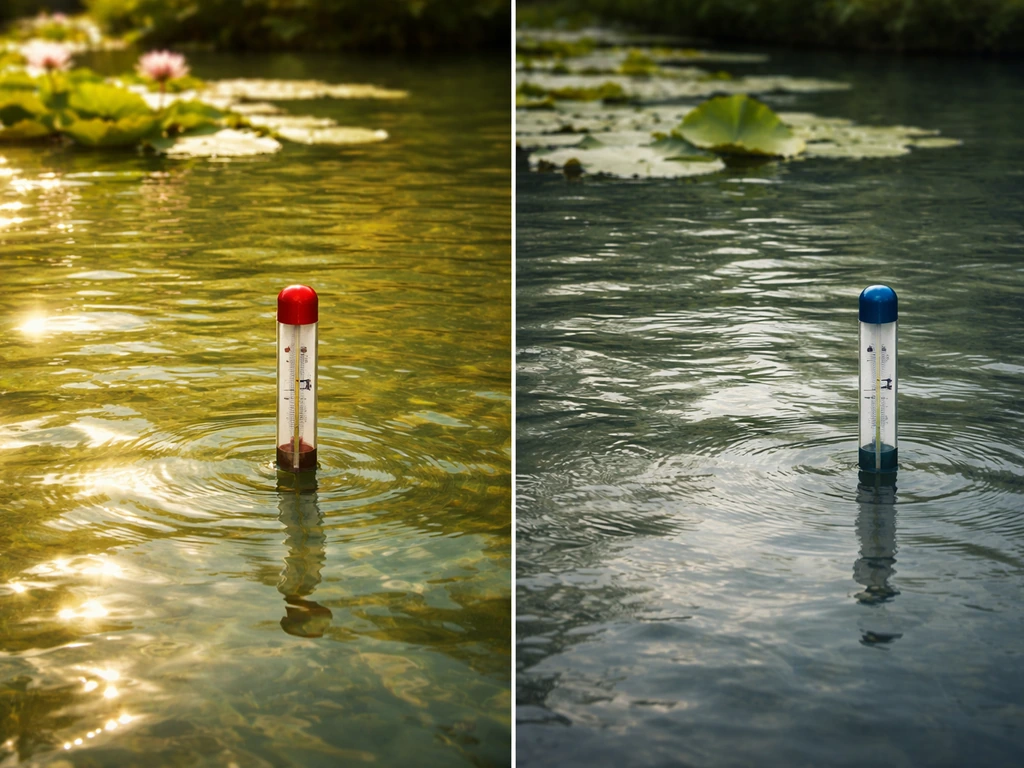 Split pond photo showing warm sunlit water with thriving lilies vs cooler dull water slowing growth.