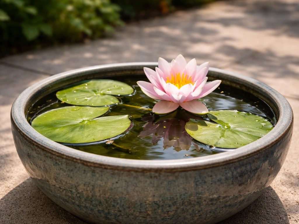 Potted water lily in bloom floating in a decorative container on a sunny patio.