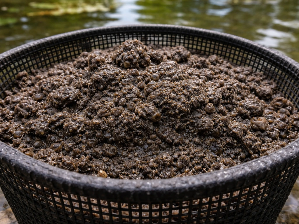 Close-up of dense dark aquatic substrate in a water lily basket, showing heavy, muddy texture