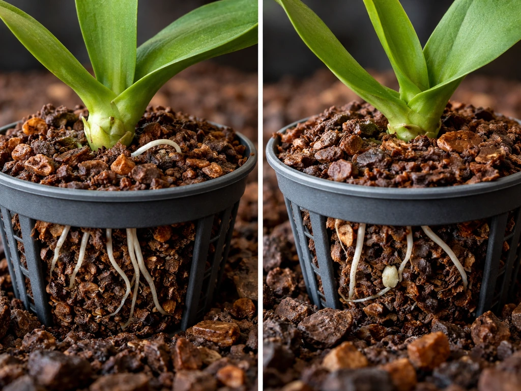 Two close-up planting views showing orchid crown at surface (correct) vs crown buried (incorrect).