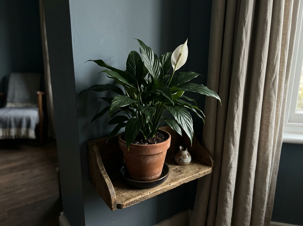 Peace lily in a dim corner near a window with visible lush leaves and an anthurium-like white spathe