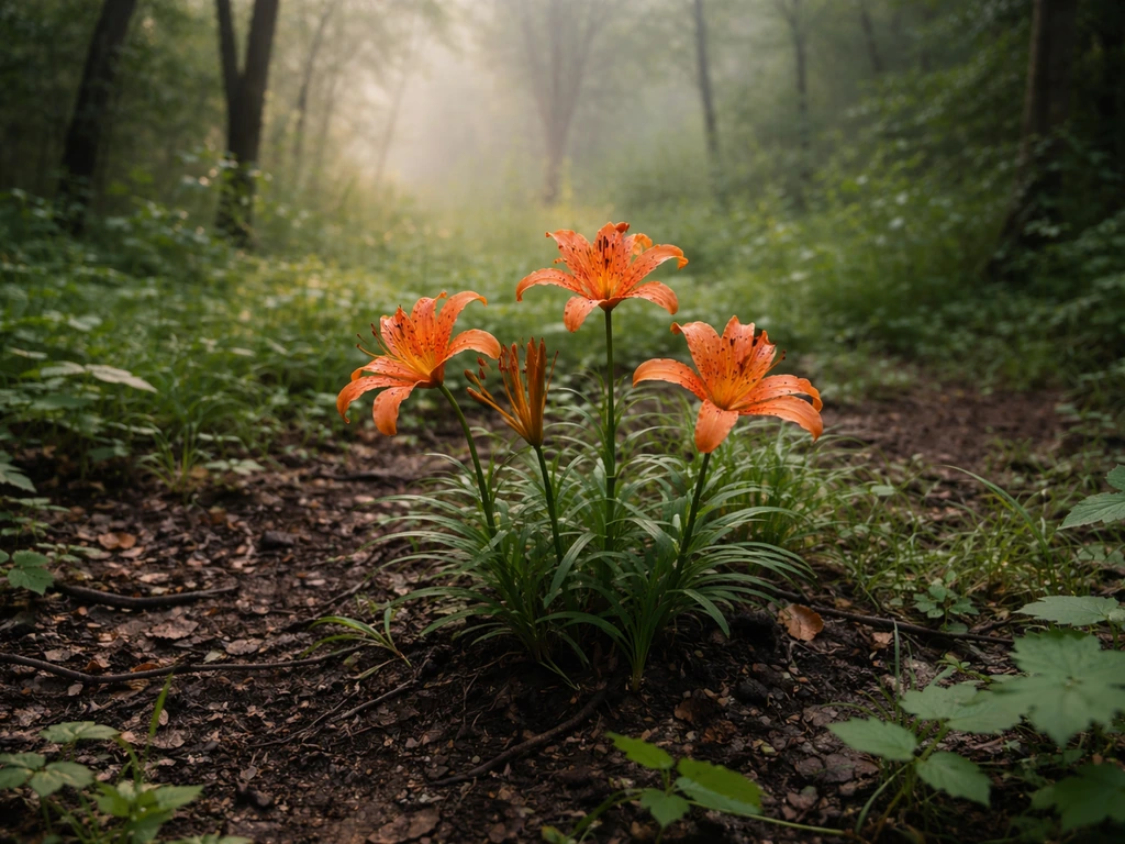 Tiger lilies growing at the edge of a humid forest with moist ground cover and soft morning light.
